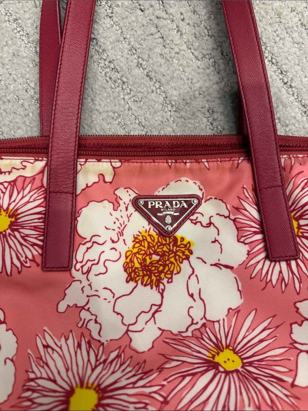 Prada Pink Floral Tote with Red Strap - Picture 4 of 12